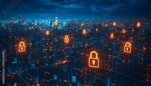 A futuristic city skyline illuminated by orange padlocks, symbolizing digital security and data protection in a connected world.