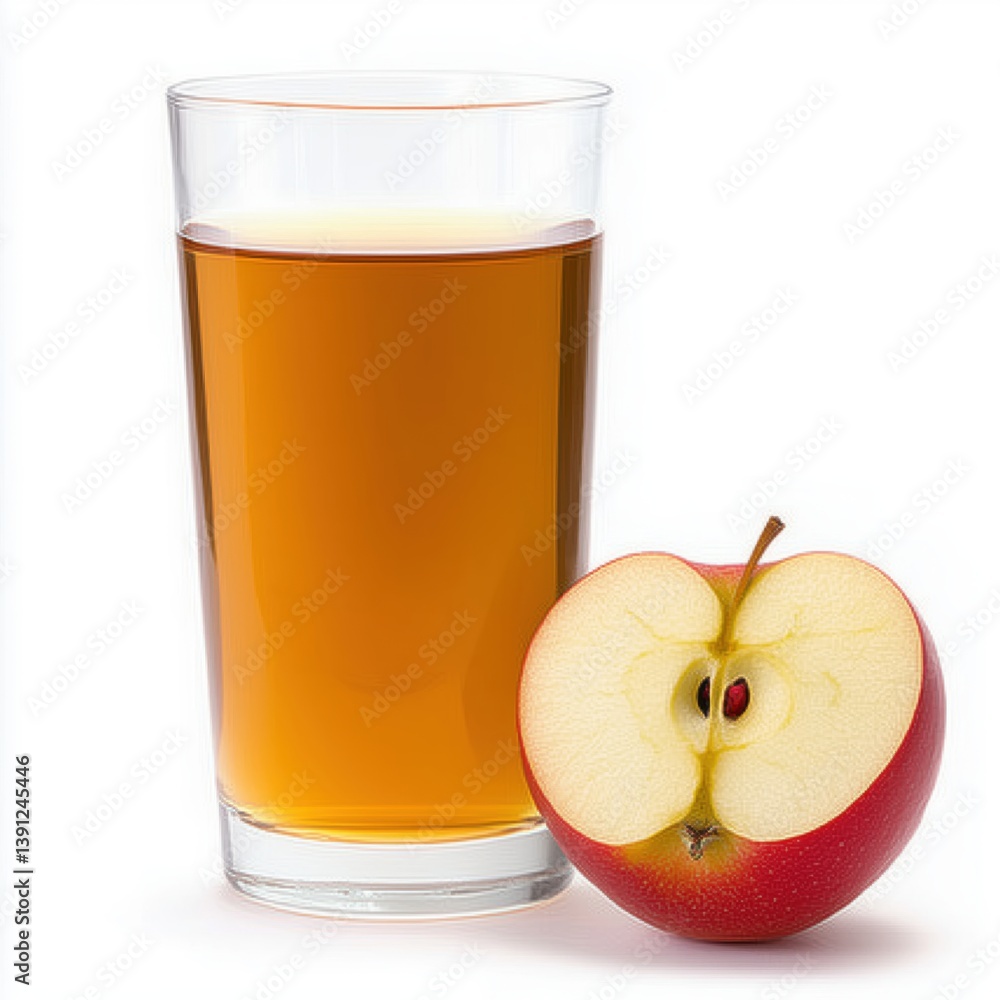 Fresh Apple Juice in a Clear Glass with a Half Sliced Red Apple on a White Background
Fresh Apple Juice in a Clear Glass with a Half Sliced Red Apple on a White Background