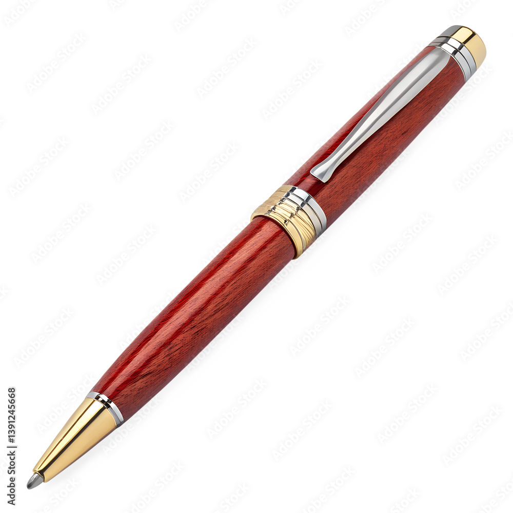 Luxury red wooden ballpoint pen with gold and silver color isolated on white background png Luxury red wooden ballpoint pen with gold and silver color isolated on white background png