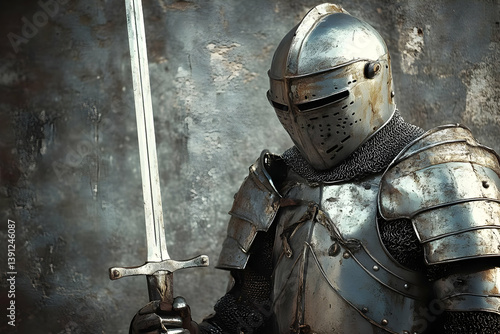 A knight in shining armor, wielding a sword, representing historical valor and chivalry against a weathered backdrop.