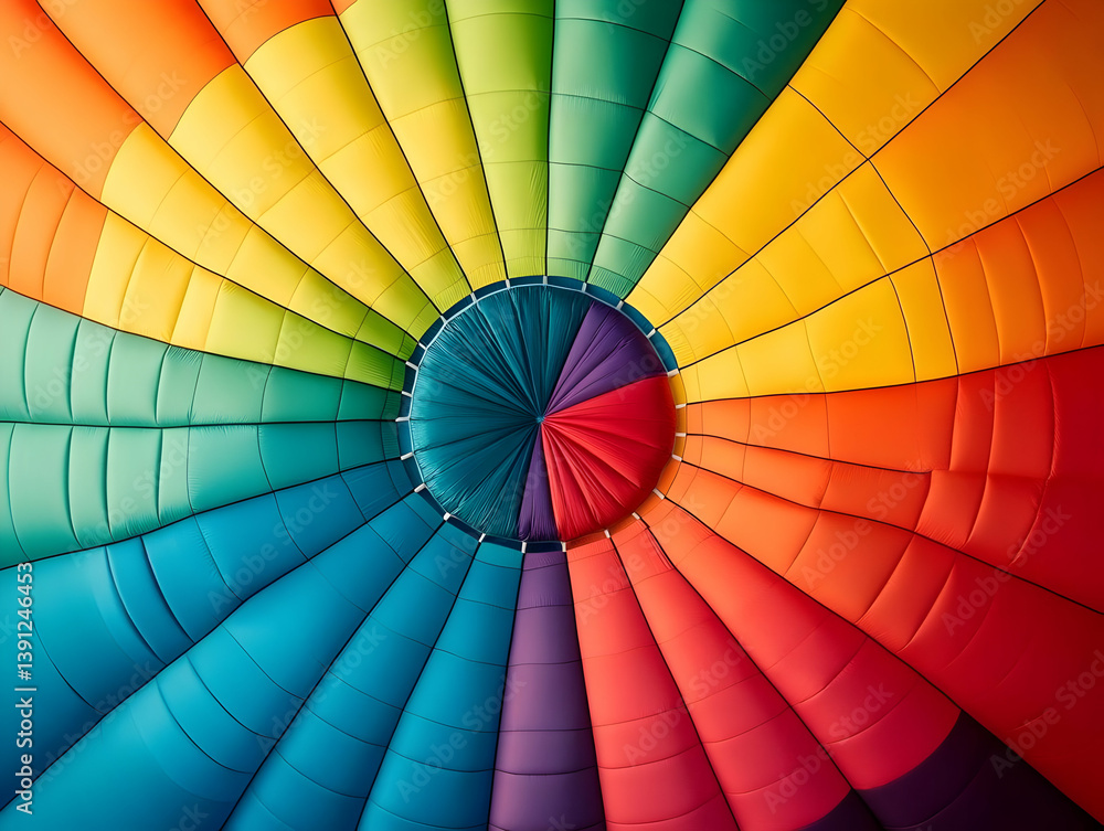 Fototapeta premium Vibrant, colorful inner view of a hot air balloon showcasing its unique design and bright hues, perfect for adventure and travel themes.