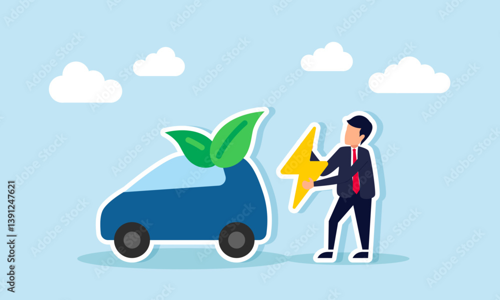 Obraz premium A businessman holding a lightning bolt sign beside a car with leaf ornaments, illustration of an entrepreneur in the electric car industry