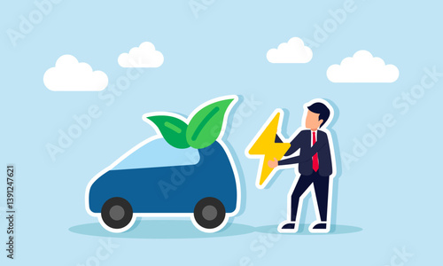 A businessman holding a lightning bolt sign beside a car with leaf ornaments, illustration of an entrepreneur in the electric car industry