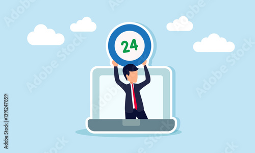 A businessman emerging from a laptop holding a sign that reads twenty four, illustration of business ready twenty four hours for service