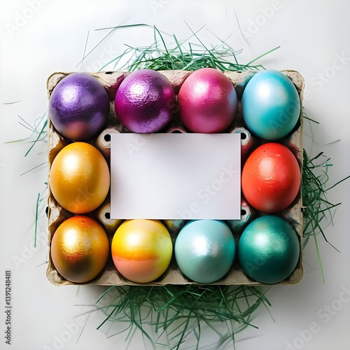 Top-view of colorful easter eggs,decorated for Easter, with blank paper on the center for writing messages. Festive Easter card. Festivities