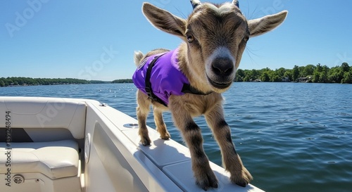 Goat Wearing Life Vest Standing on Boat Deck at Lake