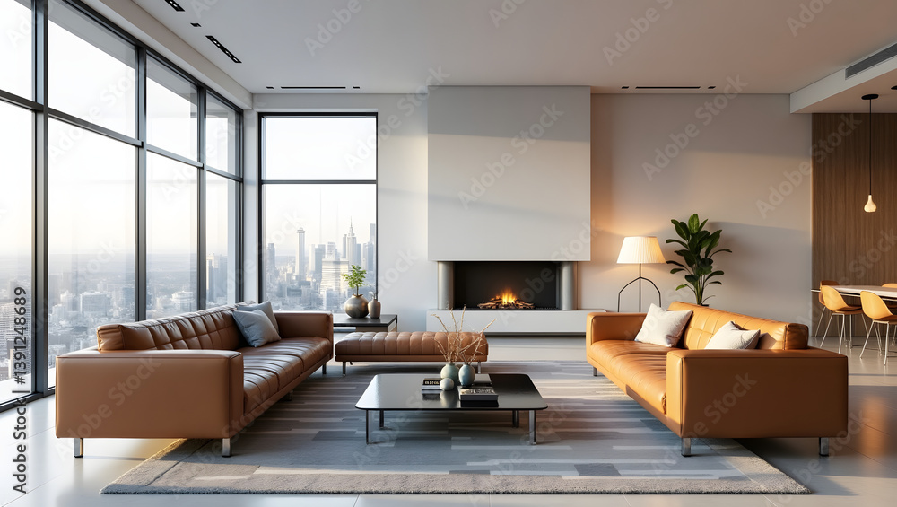 Fototapeta premium Modern Living Room Interior with City View and Cozy Fireplace