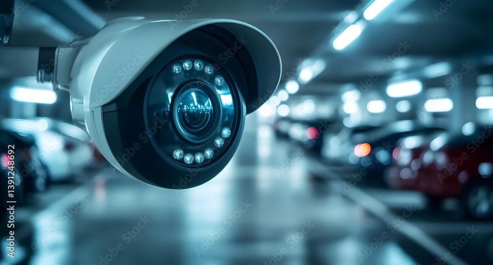 Close-up of a security camera in a parking garage, highlighting modern surveillance technology in action. Close-up of a security camera in a parking garage, highlighting modern surveillance technology in action.