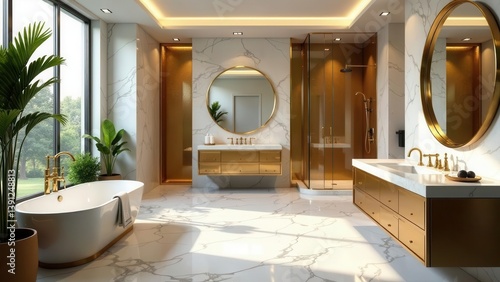Luxurious Modern Bathroom Design with Gold Accents and Marble Flooring Featuring a Freestanding Tub and Walk-in Shower