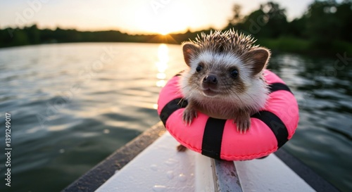 Hedgehog Wearing Life Preserver Floating on Boat at Sunset on Water