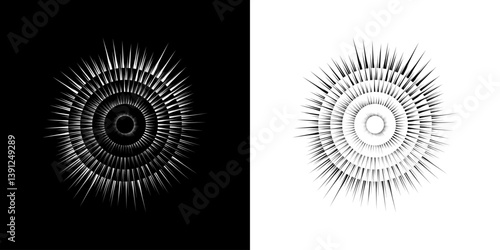 Dynamic abstract spiral sound wave rhythm lines. Circular spiral sound wave rhythm of lines. Circular futuristic abstract lines, black and white background.
