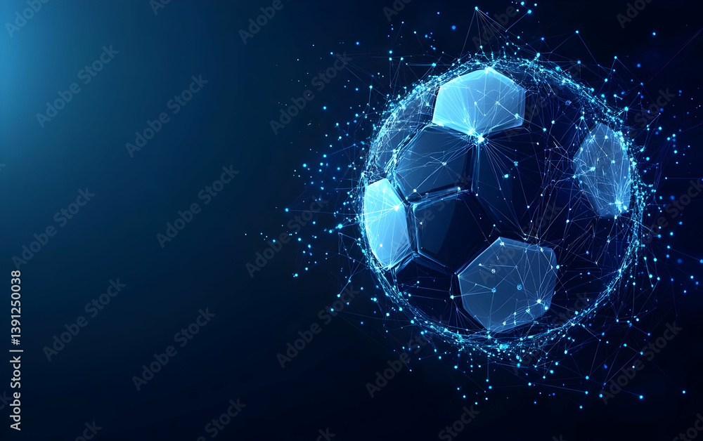 Fototapeta premium A digitally created soccer ball made of glowing polygons and particles, symbolizing innovation in sports technology.