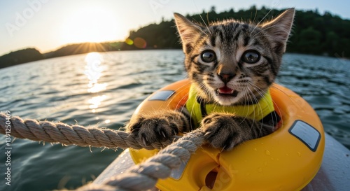 Kitten Boating Wearing Life Vest at Sunset on a Lake Adventure
