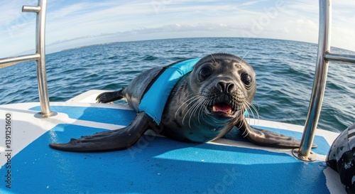 Seal Wearing a Life Vest on a Boat Enjoying Ocean View