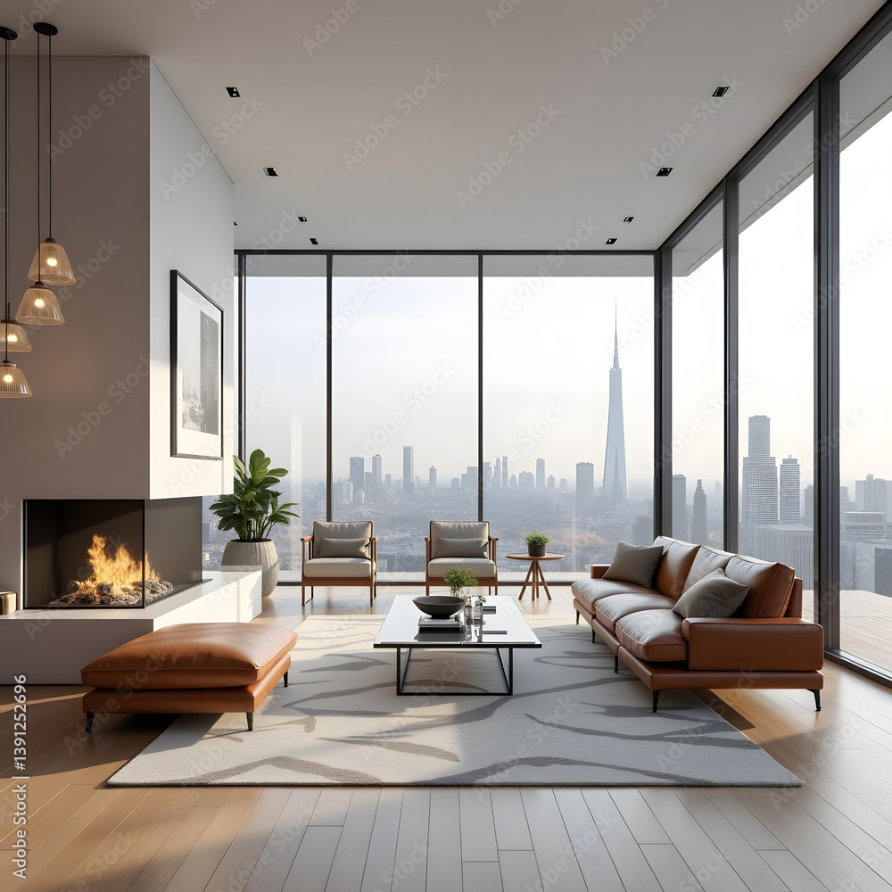 Fototapeta premium Modern Living Room Interior with City View and Cozy Fireplace