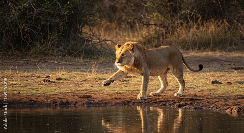 Lion Walking Towards Water Edge at Dusk in the Wild