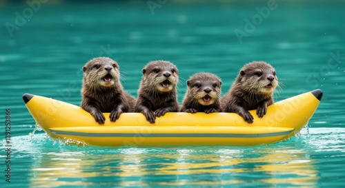 Otters Riding Banana Float on Water Together Having Fun
