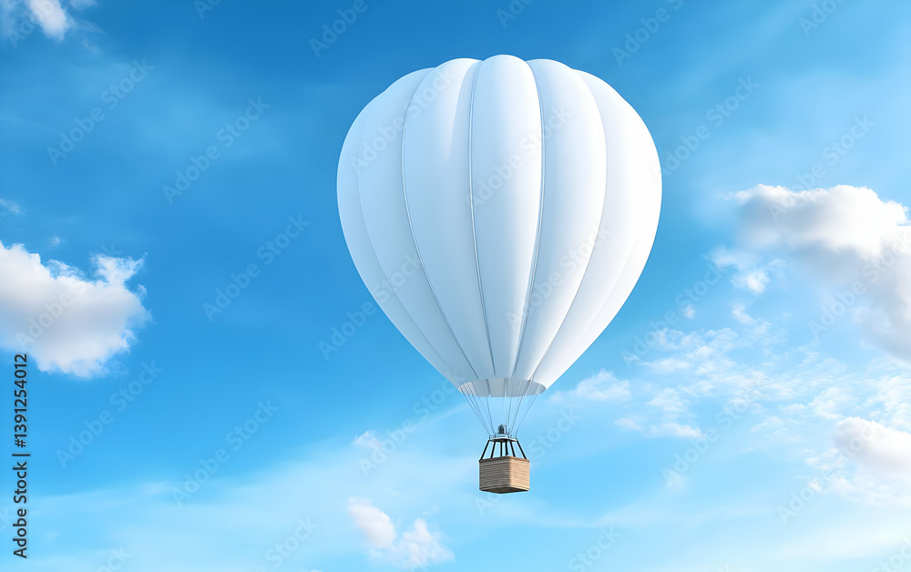 Fototapeta premium A serene white hot air balloon floats gracefully against a bright blue sky with fluffy clouds, symbolizing adventure and freedom.