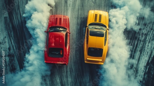 Two classic muscle cars drifting on a race track, creating a cloud of smoke. Aerial view.