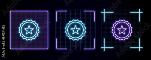 Star badge illustration, cyber neon visual, glowing border grid vector.