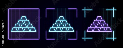 Gold bar illustration, cyber neon visual, glowing border grid vector.