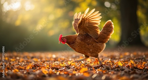 Chicken Strutting Through Autumn Leaves in a Sunlit Forest