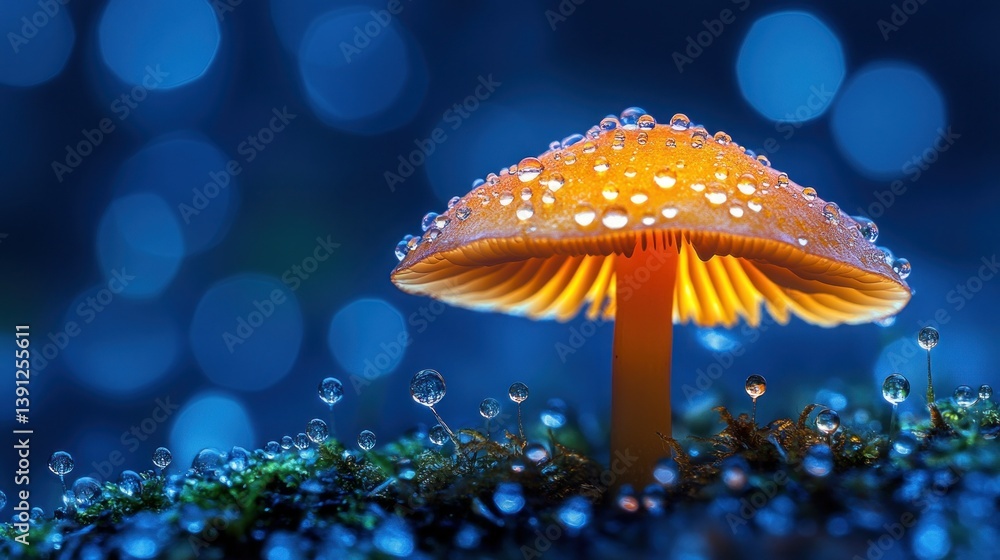 Glowing mushroom with water droplets in a mystical forest setting Glowing mushroom with water droplets in a mystical forest setting