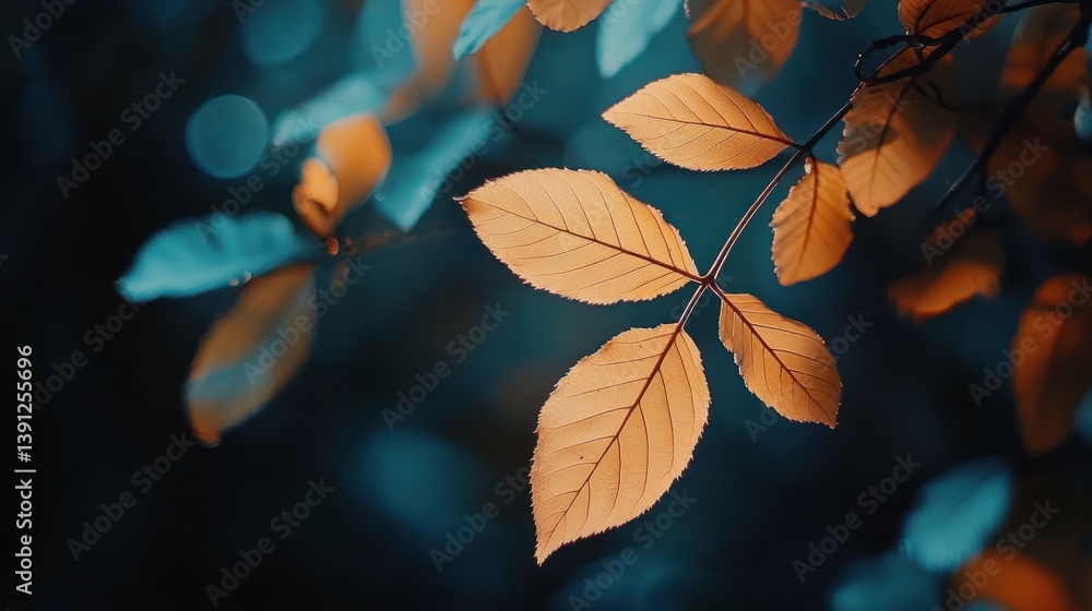 Autumn leaves backlit, teal background. Autumn leaves backlit, teal background.