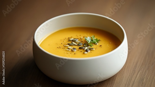 Wallpaper Mural Minimalist setup of pumpkin soup in a white bowl with pumpkin seeds as garnish Torontodigital.ca