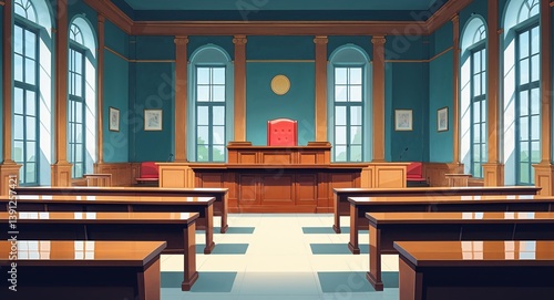 Empty courtroom with rows of benches and a large wooden judge desk anime cartoon style illustration artwork design background