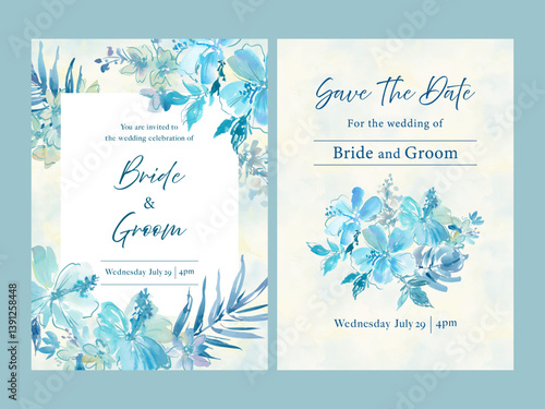 A set of wedding invitation card designs with an abstract blue hibiscus flower, tropical foliage and monstera, painted in watercolor. A wedding invitation card for a resort wedding.