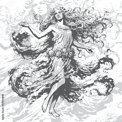 Black and white sketch of Aphrodite, goddess of love and beauty, with soft features and flowing hair. Graceful and enchanting presence.
