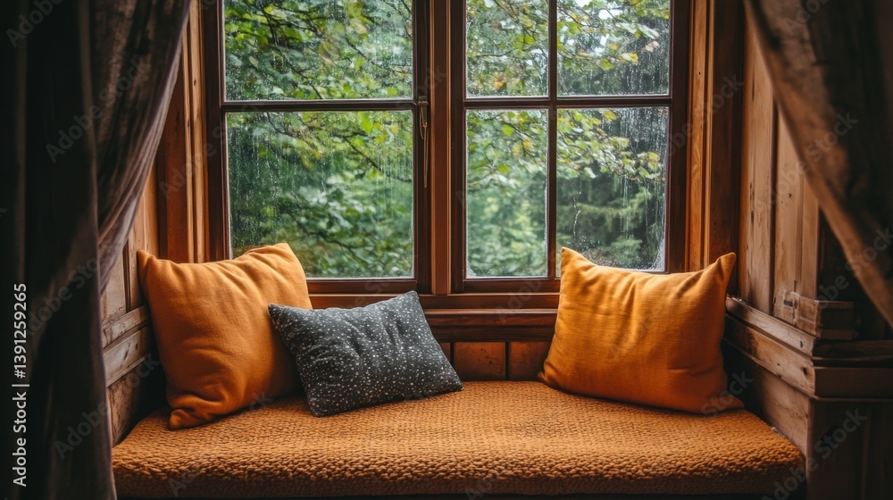 Fototapeta premium Cozy window seat with soft pillows overlooking a rainy green forest creating a peaceful and inviting scene for relaxation and contemplation in a rustic home