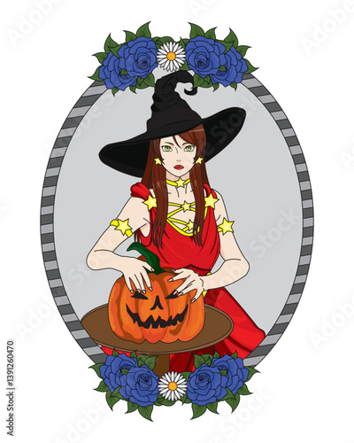 Halloween Beauty Mirror Girl With Pumpkin Illustration