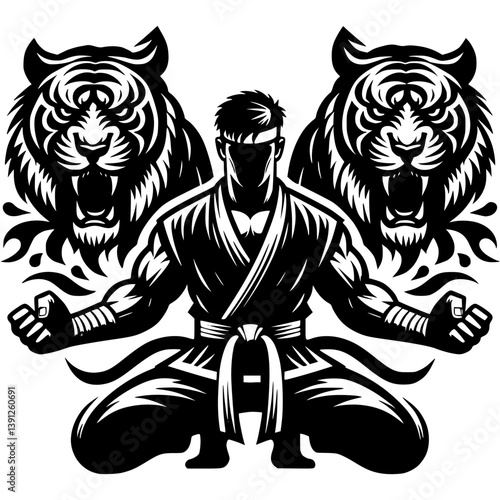 Sport emblem of kung fu athlete imitates tiger style in fight in monochrome. Engraving minimalistic vector in black ink drawing on transparent background