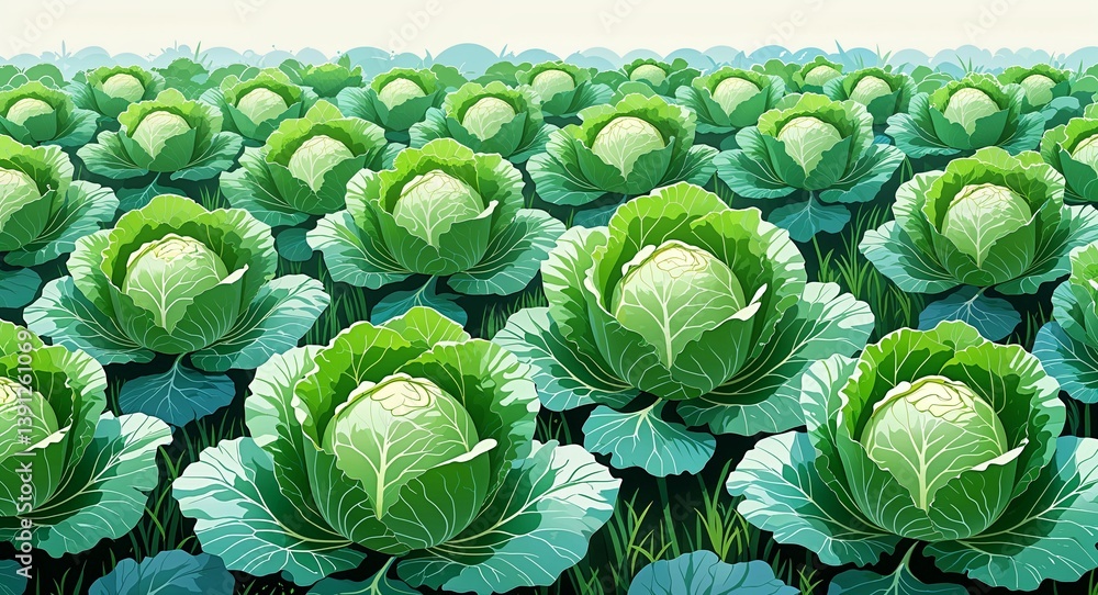 Fototapeta premium Fresh green leaves of cabbage growing in neat rows anime cartoon style illustration artwork design background