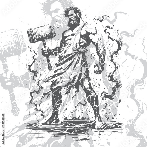 Black and white sketch of Hephaestus, god of fire and forge, with tools in hand. Rugged and focused master of craft and creation.