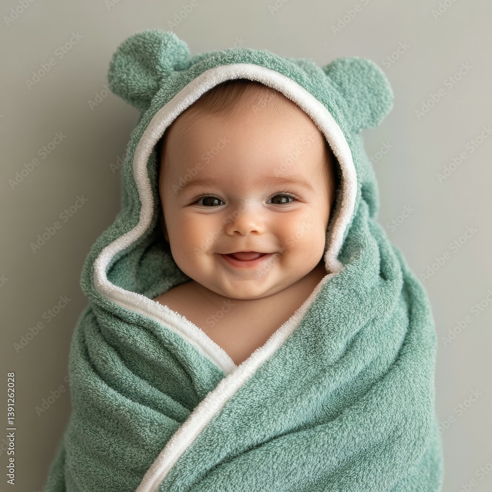 A smiling baby is wrapped in a soft green towel with a hood that has cute bear ears, sitting against a neutral background.