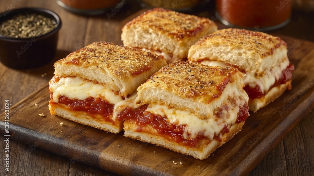 Pizza sandwich with cheese filled bread and marinara sauce layers Pizza sandwich with cheese filled bread and marinara sauce layers
