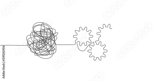 Process of solving, unleashing problems animation. From a complex problem to a simple business solution. Brainstorming video. Thin line knot and gears
