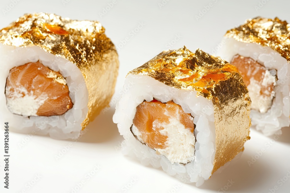 A realistic photo of Gourmet Sushi Rolls with Gold Leaf, hyper-realistic, isolated on white A realistic photo of Gourmet Sushi Rolls with Gold Leaf, hyper-realistic, isolated on white