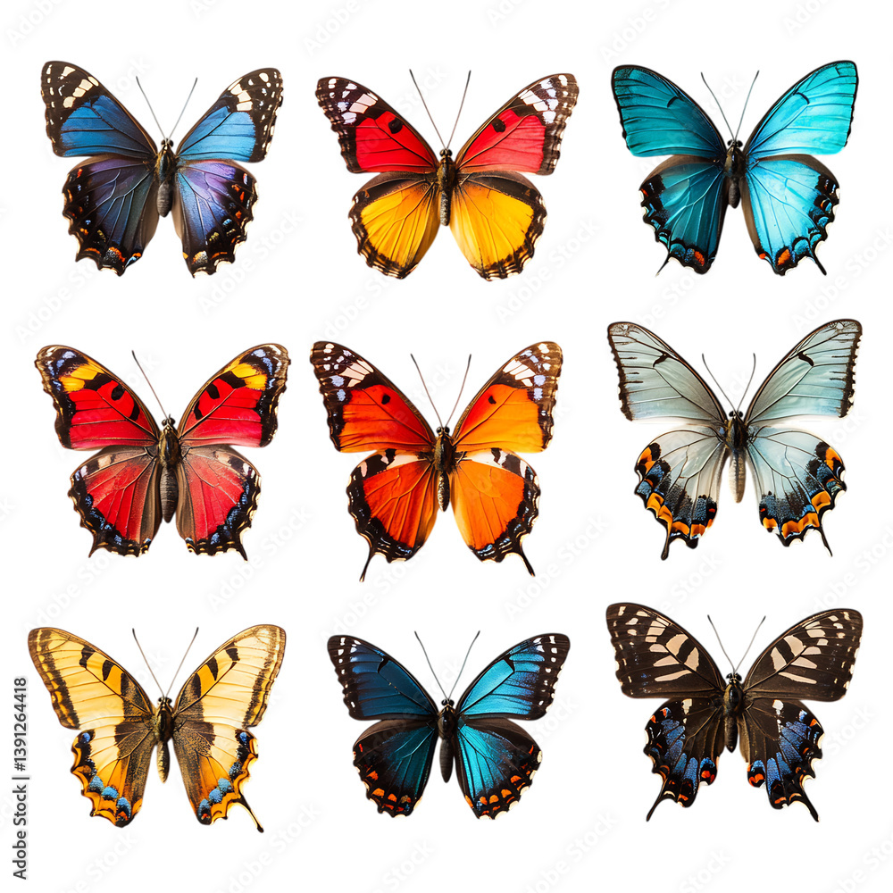 A Collection of Butterflies in Various Vibrant Colors Isolated on Transparent Background A Collection of Butterflies in Various Vibrant Colors Isolated on Transparent Background