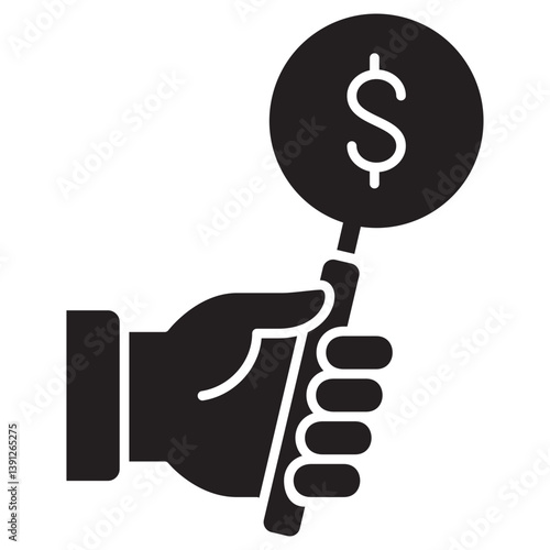 Hand holding magnifier glass icon. Financial research symbol. Icon symbol suitable for finance, searching, market, observe. Vector illustration.