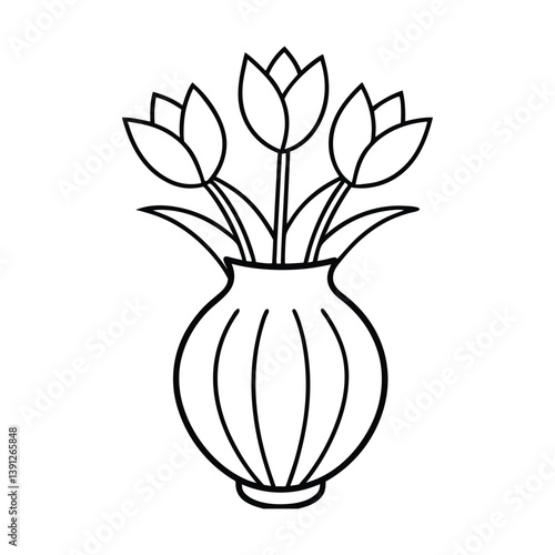 A minimalist line drawing of a round ceramic vase with tulips sticking out on a white background