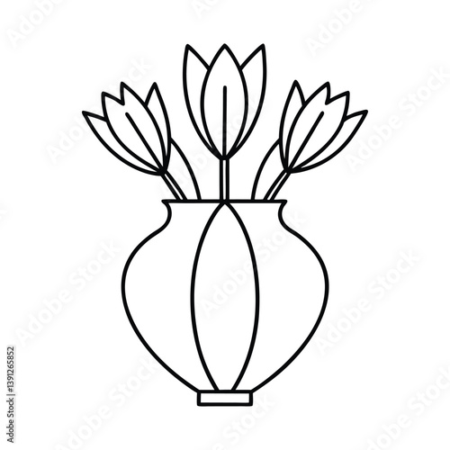 A minimalist line drawing of a round ceramic vase with tulips sticking out on a white background