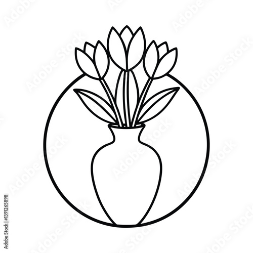 A minimalist line drawing of a round ceramic vase with tulips sticking out on a white background