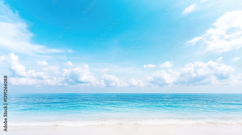 Ocean Scene White Sand Beach Bright, Vivid Blue Sky High Definition Landscape Wide Shot Serene Calm Ocean Tropical Paradise Vacation Bright Azure Ideal For Travel Brochures