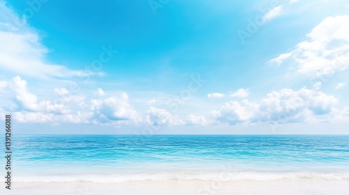 Obraz na płótnie Ocean Scene White Sand Beach Bright, Vivid Blue Sky High Definition Landscape Wide Shot Serene Calm Ocean Tropical Paradise Vacation Bright Azure Ideal For Travel Brochures w salonie