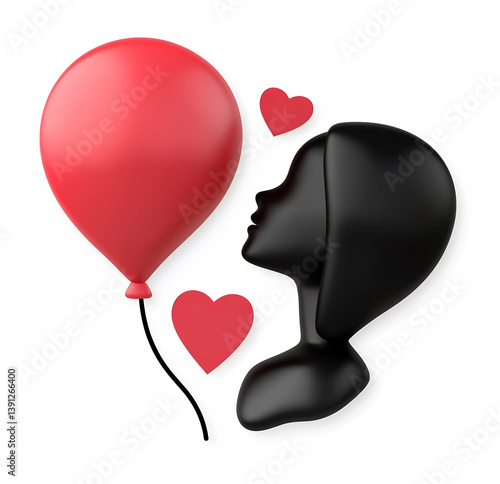Silhouette Woman Gazes Lovingly at Red Balloon; Soft Light. AI Generated