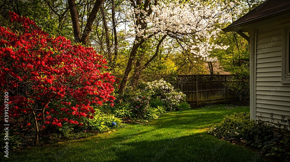 Fototapeta premium Springtime and summer home surrounded by lush greenery and blooming trees, embodying serene natural beauty.